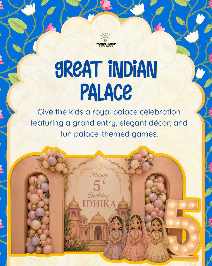 Great Indian Palace: a royal palace celebration featuring a grand entry, elegant décor, and fun palace-themed games