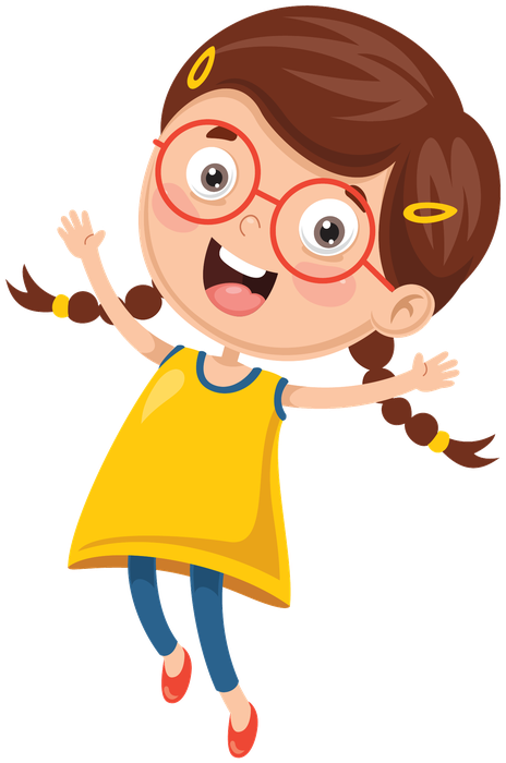 Illustrated child with glasses, mid-jump