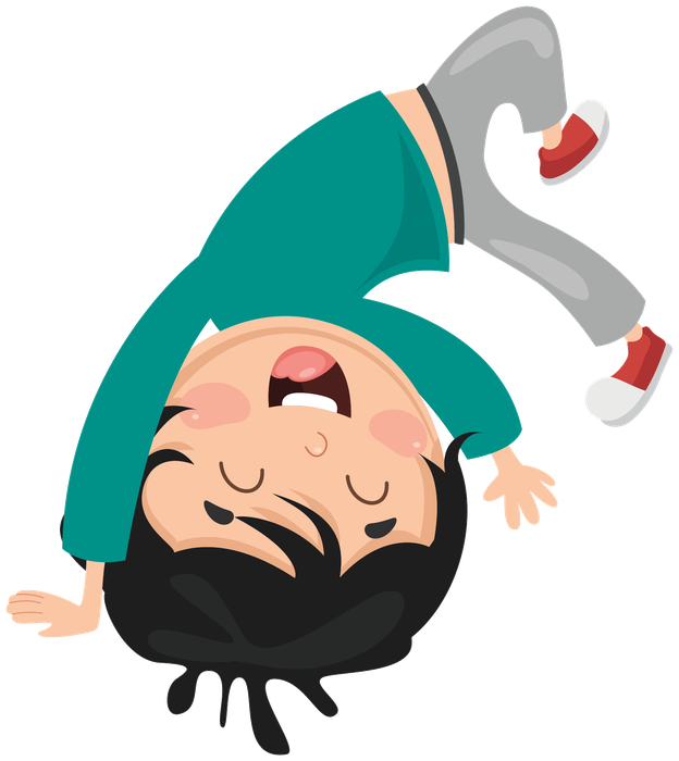 Illustrated child mid-flip, full of energy